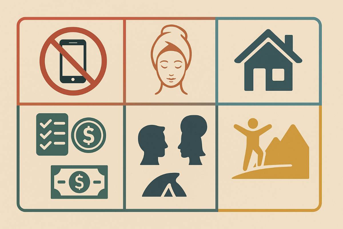 Infografica con sei icone dedicate al benessere personale: digital detox, cura di sé, ordine in casa, gestione del denaro, connessioni sociali e avventura o relax